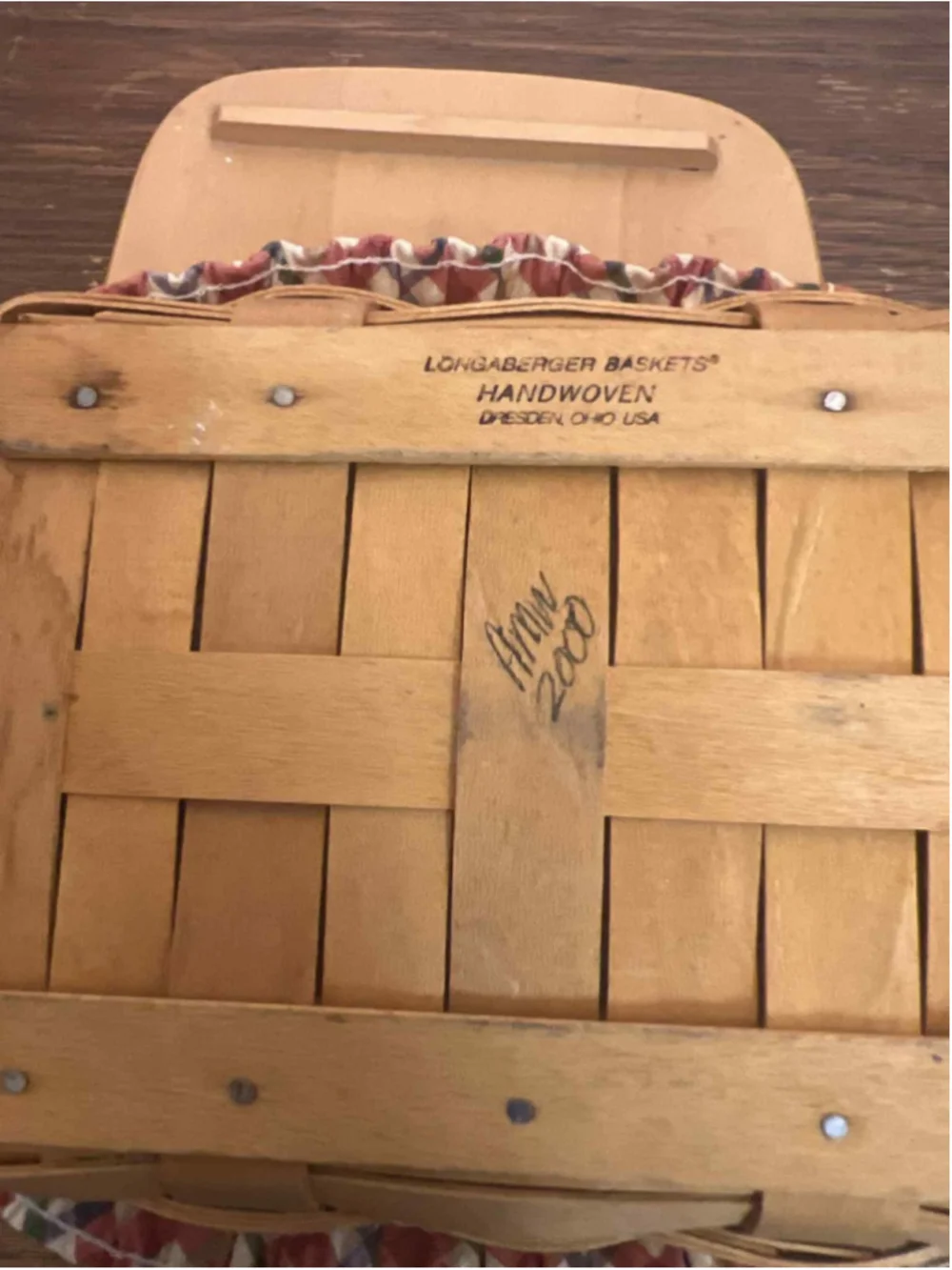 Longaberger Basket 2000 AMW Signed Lid, Plaid Liner & Protector Handwoven USA